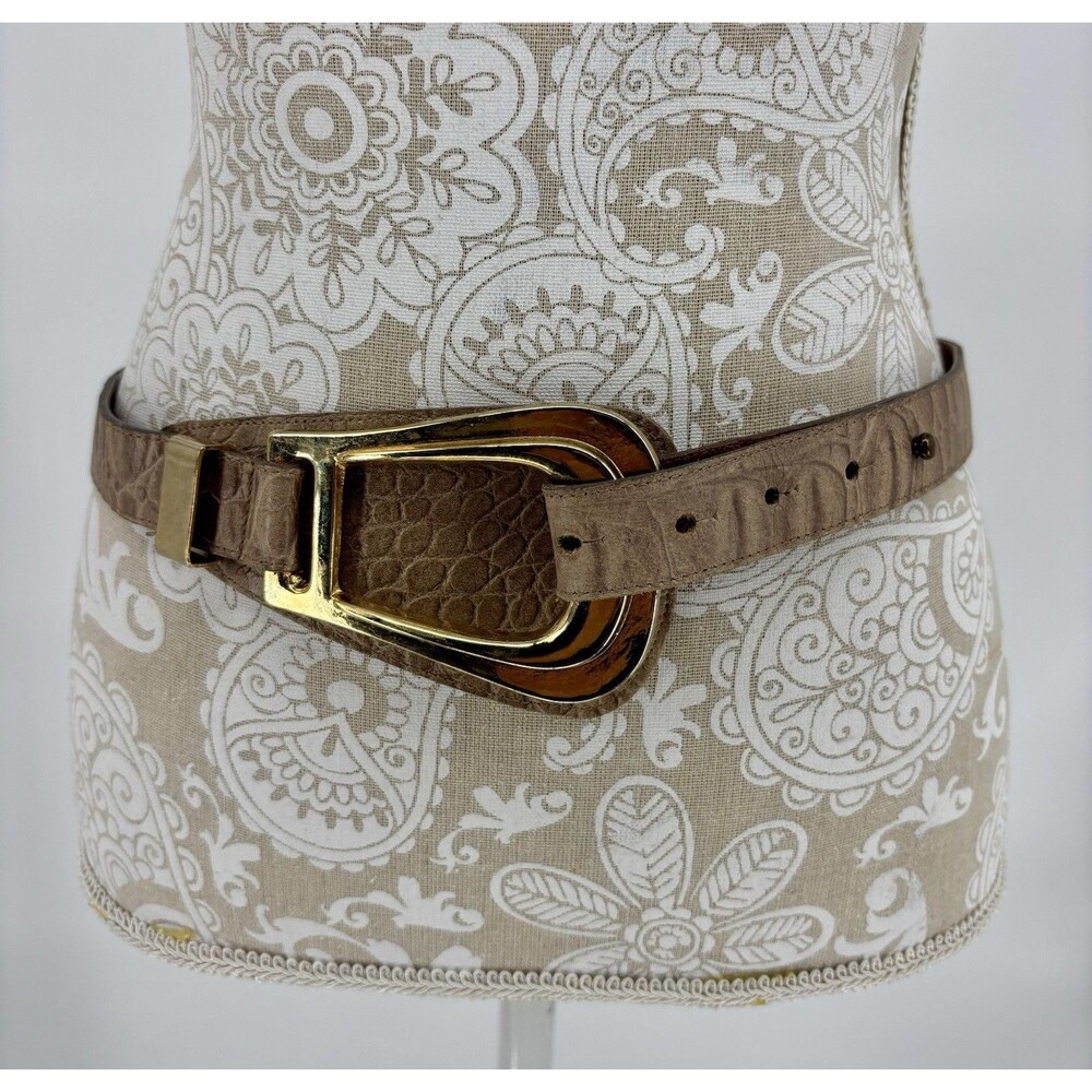 Vintage 80s Taupe Faux Croc Embossed Belt M Gold Tone Statement Buckle 33.5-35”